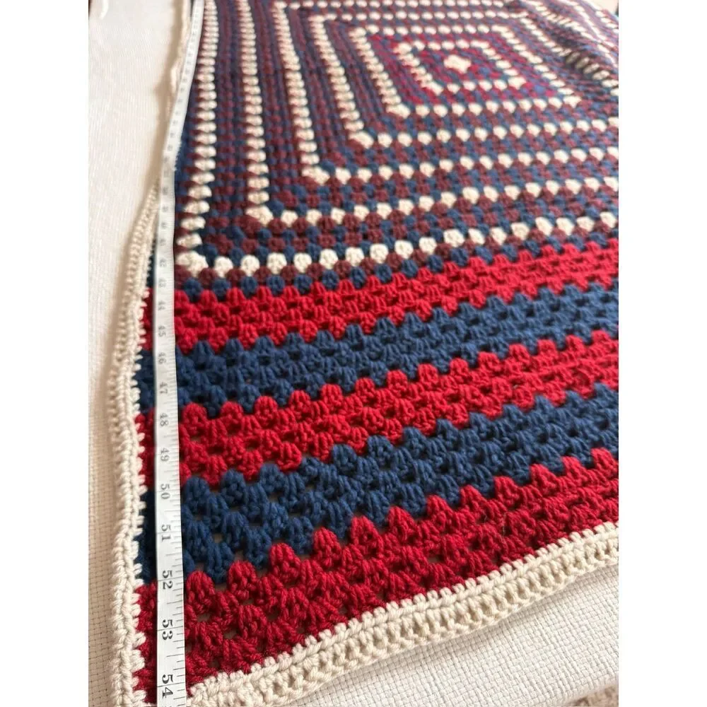 Handmade Crochet Granny Square Lap Throw Blanket Red Blue Cream 30x54
